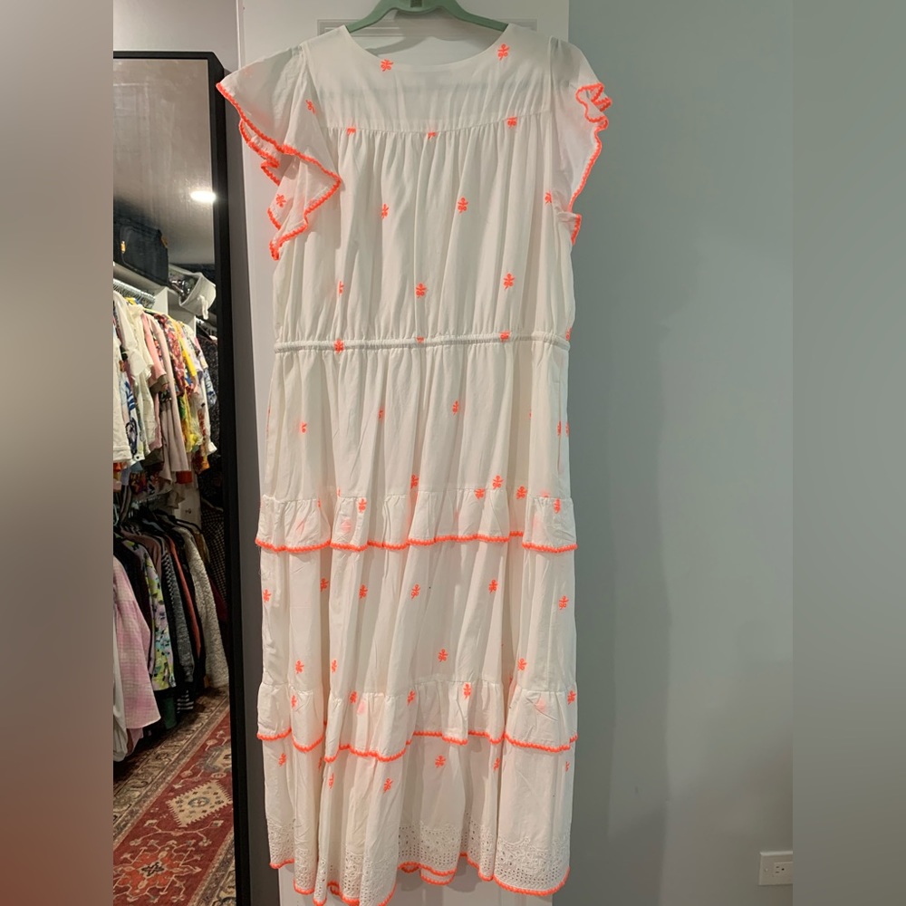 NWOT. J. Crew White Midi Dress with Neon Orange Trim - Picture 2 of 4